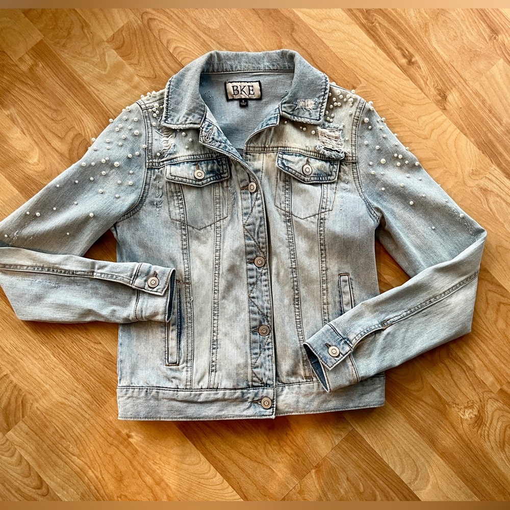 Beaded Distressed Denim Jacket by BKE Buckle